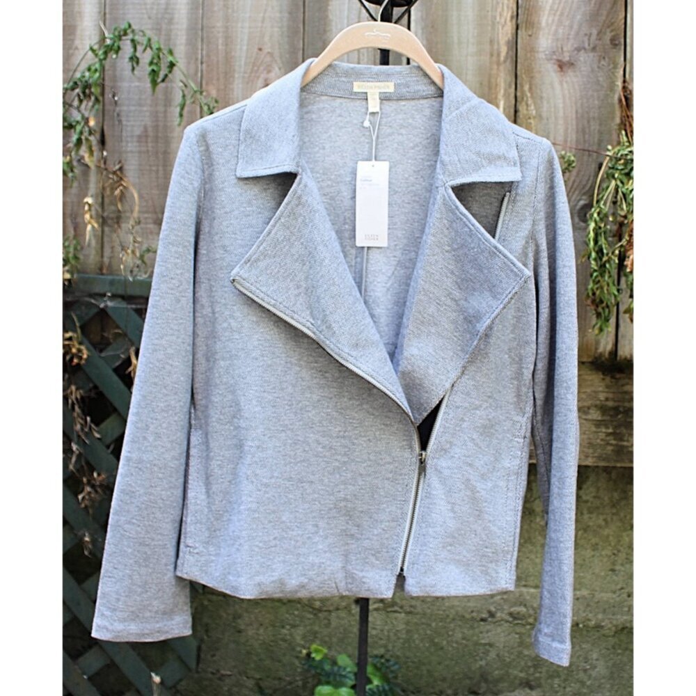New w/Tags - Eileen Fisher Organic Cotton Herringbone Moto Jacket, Moon, Med - Picture 4 of 13